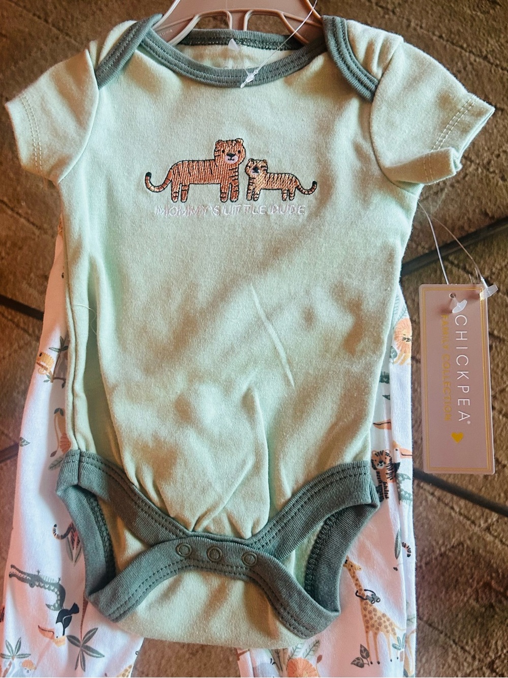 chick pea soft mint green baby one-piece with tiger embroidery